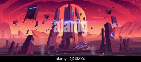 Mars rover on red planet surface explore alien landscape. Robotic autonomous vehicle for space discovery and scientific research, futuristic backgroun Stock Vector