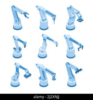 Robotic arms, machine hands on factory or plant. Industrial mechanic equipment, automatic manipulators on manufacturing production line. Vector isomet Stock Vector