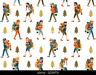 Hikers with backpack seamless pattern Stock Vector