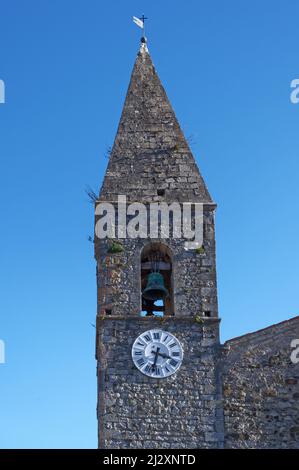 La Tour-sur-Tinee (south-eastern France): steeple of the Church of Saint-Martin (St. Martin). The building registered as a National Historic Landmark Stock Photo