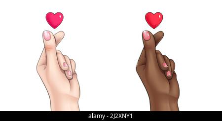 Korean finger heart symbol means I Love You on hangul script. Fair and dark skinned woman hands gesture, female palms show loving message sign isolate Stock Vector
