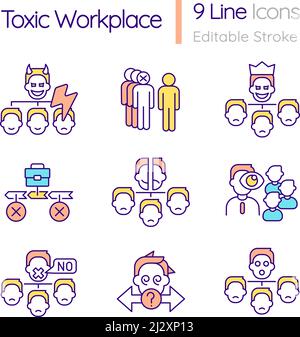 Toxic workplace RGB color icons set Stock Vector