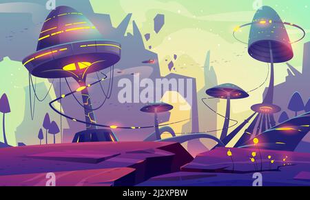 Alien planet landscape with fantasy mushrooms trees or buildings and rocks. Magical unusual nature for computer game, fairy tale background with beaut Stock Vector