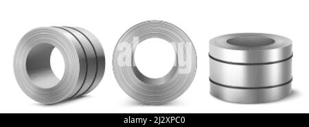 Steel sheet roll, stainless construction tape coil isolated on white background. Metallurgy industry production. Vector realistic set of metal, alumin Stock Vector