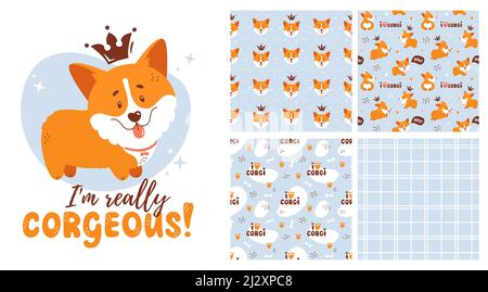 Corgi collection - seamless patterns and isolated illustration. Vector set with cute welsh corgi puppies. Funny and adorable dog character. Stock Vector