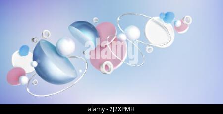 Abstract background with 3d geometric shapes on blue backdrop, pearl hemispheres, pink and white cylinders or circles with silver rings, Realistic vec Stock Vector