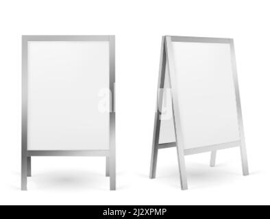 Pavement sign, blank sidewalk advertising stand isolated on white background. Vector realistic mockup of white sandwich board with metal frame, outdoo Stock Vector