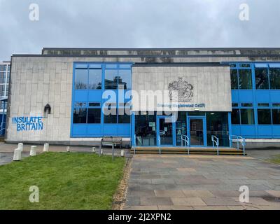 The words 'Insulate Britain' spray-painted onto the edifice of Crawley Magistrate's court after nine climate activists appeared on Monday charged with causing a public nuisance by obstructing junction 3 of the M25 in September 13 of this year. The Insulate Britain protesters are due to appear at Lewes Crown Court on May 9 of this year. Picture date: Monday April 4, 2022. Stock Photo