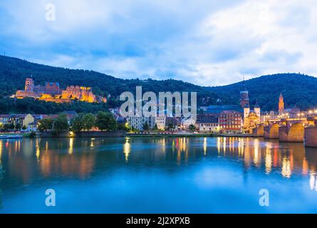 Heidelberg, view from the Nepomuk Terraces of the old town with the castle, Church of the Holy Spirit and the Old Bridge over the Neckar Stock Photo