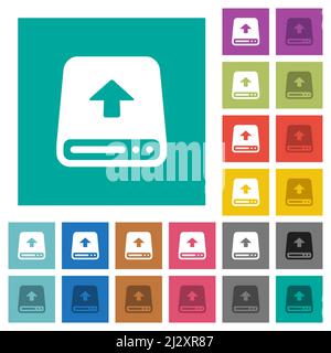 Upload from hard disk multi colored flat icons on plain square backgrounds. Included white and darker icon variations for hover or active effects. Stock Vector