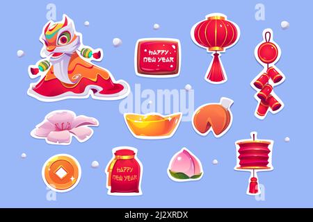 Chinese New Year stickers. Traditional symbols of China dragon, prediction cookie, red lantern, flower bud and blooming blossom, golden coin with squa Stock Vector