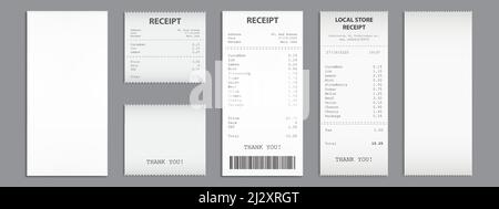 Shop receipts, paper cash checks with barcode. Vector realistic set of purchase bills, blank and printed invoices on white paper. Shopping cheques iso Stock Vector