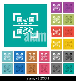 QR code scanning multi colored flat icons on plain square backgrounds. Included white and darker icon variations for hover or active effects. Stock Vector
