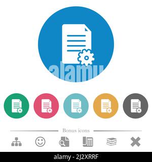 Document setup solid flat white icons on round color backgrounds. 6 bonus icons included. Stock Vector