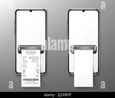 Mobile phone with shop receipt in front view. Concept of online payment, digital invoice and electronic cash check. Vector realistic mockup of smartph Stock Vector