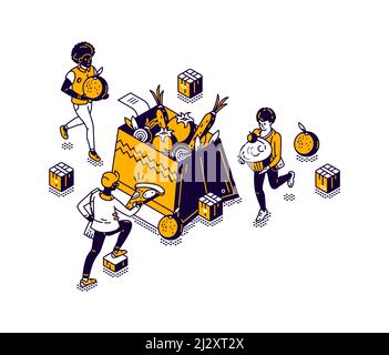 Isometric box with vegetables and fruits, storing food in a store or market, vector illustration Stock Vector