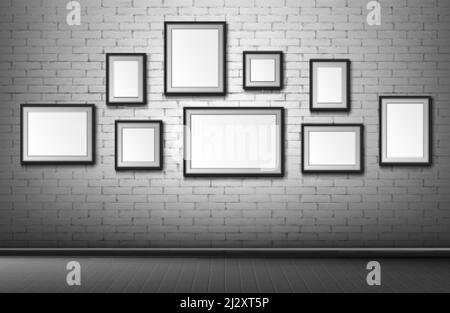 Blank frames on grey brick wall background. Empty borders for photo or picture hanging in room, museum or office. Home decor, mockup for exhibition, a Stock Vector