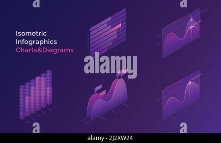 Isometric infographic charts and diagrams for digital presentation of statistic and analytics information. Vector 3d set of stats report charts, finan Stock Vector