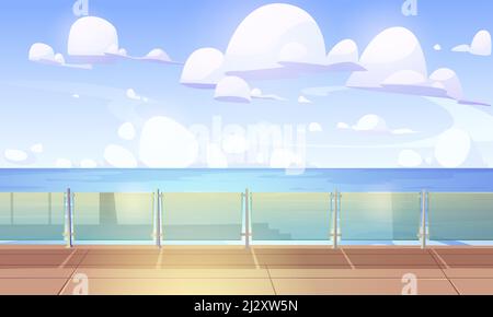 Cruise liner deck or quay with glass baluster, empty ship with wooden floor and plexiglass fencing. Modern luxury sailboat in sea or ocean. Passenger Stock Vector