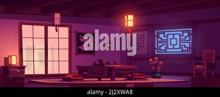 Chinese living room with wooden table, chair and red cushions at night. Vector cartoon interior of china house with glowing lanterns, tray with tea, f Stock Vector