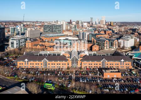 LEEDS, UK - JANUARY 17, 2022.   An aerial view of the Head Office building of ASDA supermarket in Leeds city centre Stock Photo