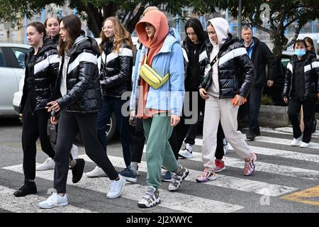 Zanelli pool, Savona, Italy, April 04, 2022, The arrival of the Ukrainian national team of synchronized swimming in Savona, where it will prepare the world championships in Budapest June 2022  during  Ukrainian national team of synchronized swimming in Savona - Syncro Stock Photo