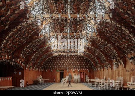 Stag Ballroom, ballroom, Mar Lodge, 2500 deer trophies collected since 1790 in wooden hall, Deeside, Aberdeenshire, Scotland, UK Stock Photo