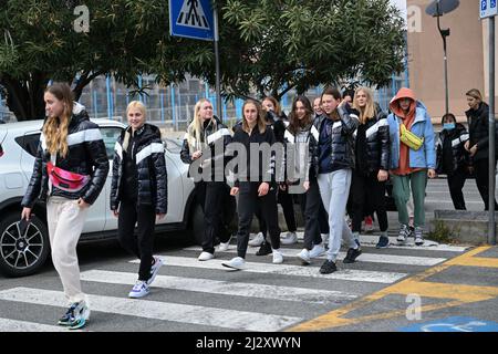 Zanelli pool, Savona, Italy, April 04, 2022, The arrival of the Ukrainian national team of synchronized swimming in Savona, where it will prepare the world championships in Budapest June 2022  during  Ukrainian national team of synchronized swimming in Savona - Syncro Stock Photo