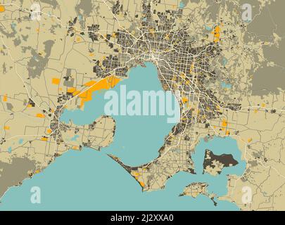 Detailed vector map of Melbourne, Australia Vintage Colors. Stock Vector