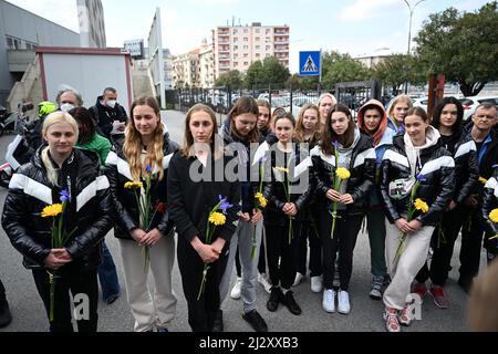 Zanelli pool, Savona, Italy, April 04, 2022, The arrival of the Ukrainian national team of synchronized swimming in Savona, where it will prepare the world championships in Budapest June 2022  during  Ukrainian national team of synchronized swimming in Savona - Syncro Stock Photo