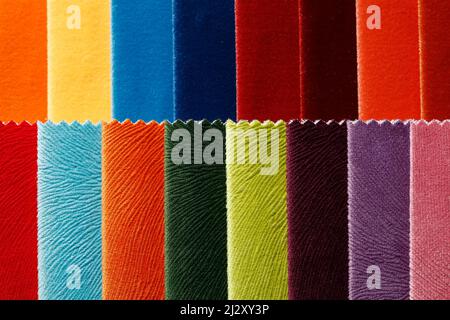 Amazing colourful textile colourful fabric samples close-up. Stock Photo