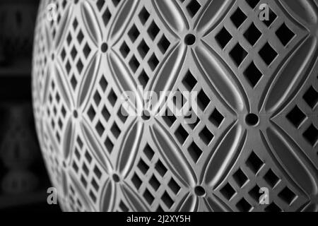 Tunisian pottery. Close detail and shallow focus on a decorative vase in a traditional Arabic North African pattern. Stock Photo