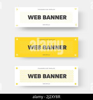 Vector white and yellow horizontal web banner with black text. Layout design with arrows, rhombus, and circles on the background. Rectangular template Stock Vector