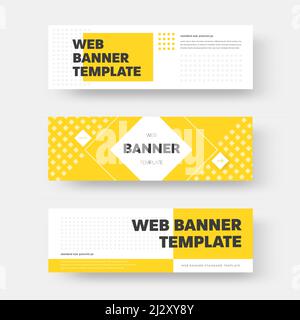 Rectangular horizontal web banner design with rhombus, square and arrow buttons. Template in yellow, white and black. Layout for advertising Stock Vector