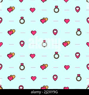 Seamless pattern with design of vector icons on the theme of 'Valentine's Day'.Template with pink and yellow geolocation and ring. Set with hearts for Stock Vector