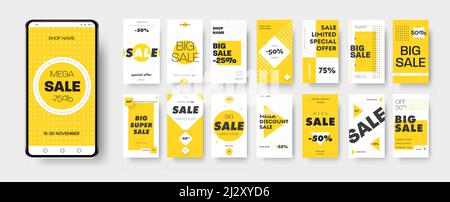 Vector banner of discounts and mega sales on social media and stories. Template with yellow, white and black geometric patterns, square, circle, rhomb Stock Vector