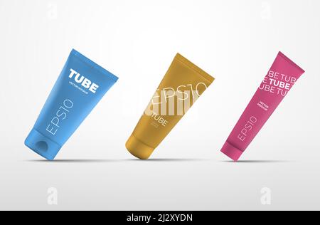 Mockup of plastic vector packaging isolated on white background for design presentation. Template short, medium and long tube with cream and skin care Stock Vector