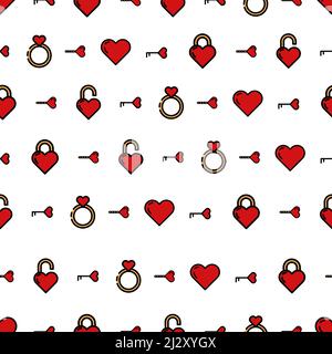 Seamless pattern with design of vector icons on the theme of "Valentine's Day". Pattern of hearts on a white background for the holiday. Set with lock Stock Vector
