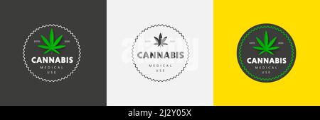 Vector label template with green leaf of medical marijuana, natural product cbd and thc, on a colored background with abstract pattern. Emblem design Stock Vector