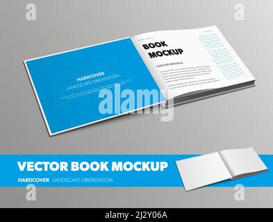 Mockup of open vector book, landscape orientation, for design presentation. Template of an empty realistic white object with hardcover isolated on bac Stock Vector