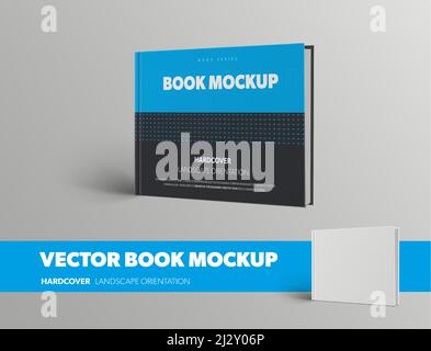 Mockup of a closed vector book standing on its side, in blue and black hardcover, for presentation design. Template white object with realistic shadow Stock Vector