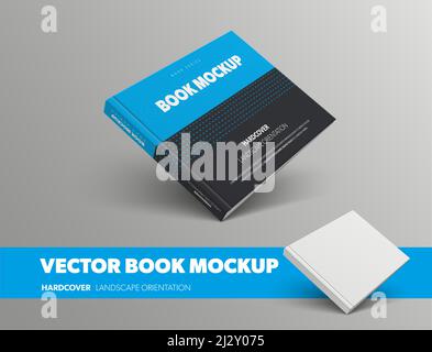 Mockup of closed vector book, with abstract pattern in blue and black color, hardcover landscape orientation, isolated on gray background. Standard si Stock Vector