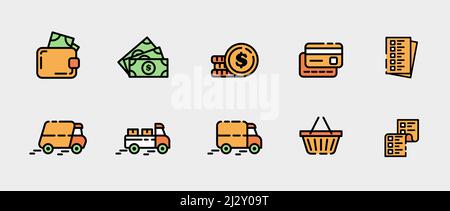 Design of vector icons on the topic of sales in the online store, card payment and delivery. Linear illustrations template in orange, yellow and green Stock Vector