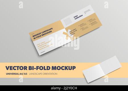 Mockup of vector open bifold, standard landscape leflet, with abstract pattern, isolated on background. Blank business brochure template, universal A4 Stock Vector