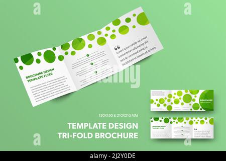 Standard square trifold template with circles and abstract pattern, brochure with description for business, isolated on background. Presentation of a Stock Vector