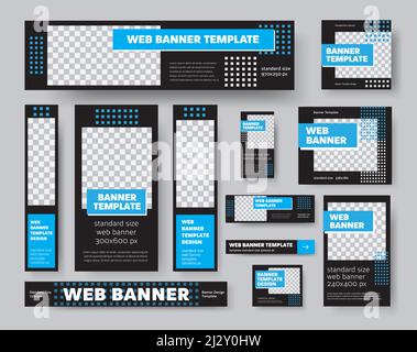Template of black web banners, with place for photo, with blue geometric elements, for presentation design.Set of standard posters with vector illustr Stock Vector