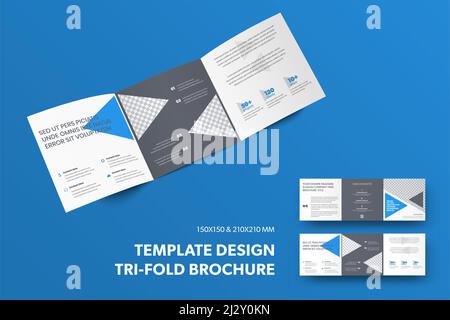 Template of open vector tri-fold with blue and gray triangles and place for photo, presentation of brochure design with abstract pattern, isolated on Stock Vector