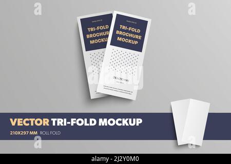 Standard vector leaflet roll fold template, with realistic shadows, folded business triphold, isolated on background. Mockup blank white brochure, fro Stock Vector