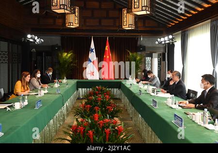 Hefei, China's Anhui Province. 4th Apr, 2022. Chinese State Councilor and Foreign Minister Wang Yi holds talks with Panamanian Foreign Minister Erika Mouynes in Tunxi, east China's Anhui Province, April 4, 2022. Credit: Zhou Mu/Xinhua/Alamy Live News Stock Photo