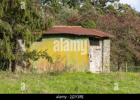 A curious colourful corrugated iron barn or shed in a field near the Cotswold village of Sevenhampton, Gloucestershire, England UK Stock Photo